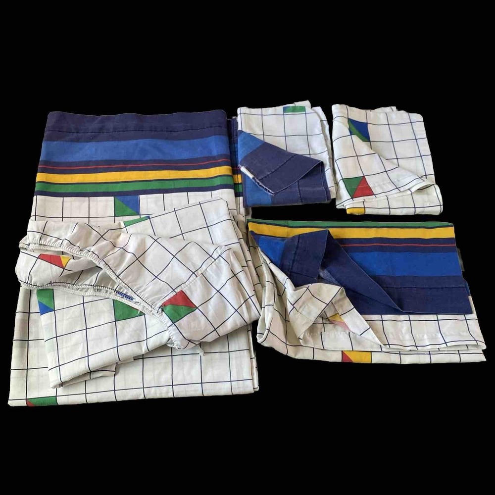 Vtg Cannon TWIN Sheet Set Primary Geometric Grid ASO Stranger Things 80s Mike